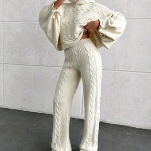 Casual Cable Knit Hooded Crop Sweater & Cable Knit Sweater Pants 2 Piece Co-Ords